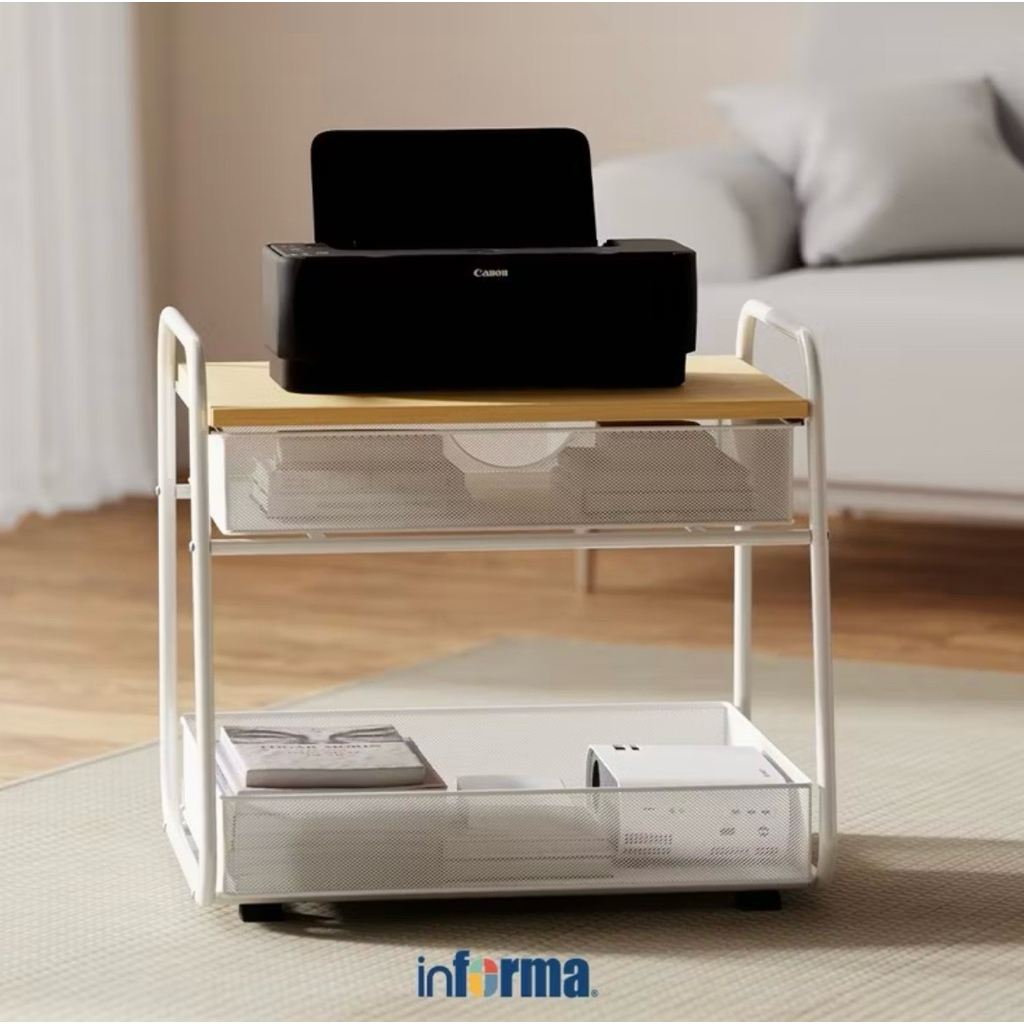 Informa Stanis Rak Troli 2 Tingkat Dengan Drawer - Putih Rak Printer Rak Buku Rak Portable Rak Doron