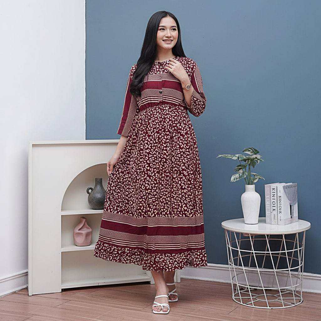 Midi Dress Daster Wanita Rayon Premium Lengan Panjang Kerut Dada Busui Kekinian