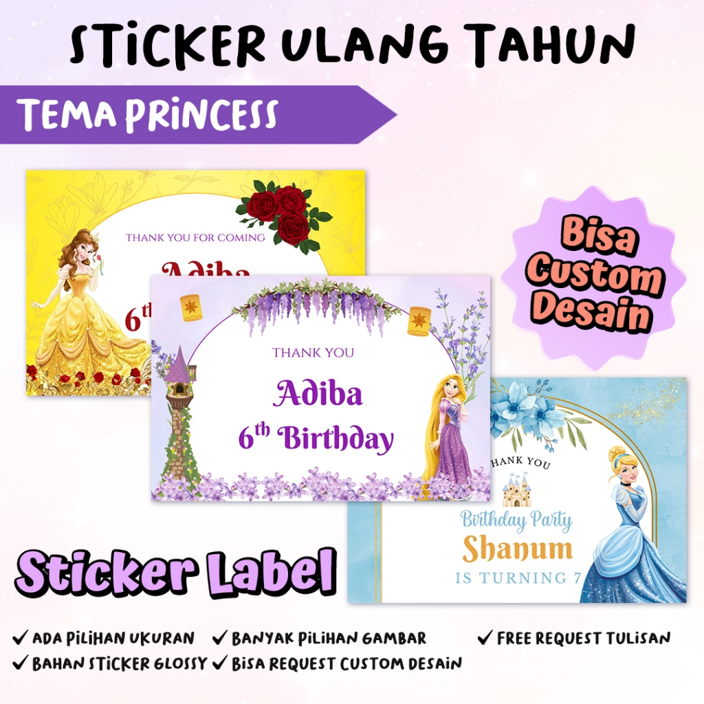 Sticker Ulang Tahun Tema Princess - Stiker Label Kotak Nasi Bento - Ultah Anak
