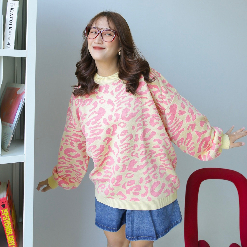 Midun.project - Leopard Sweater Oversize Atasan Rajut Wanita Jumbo
