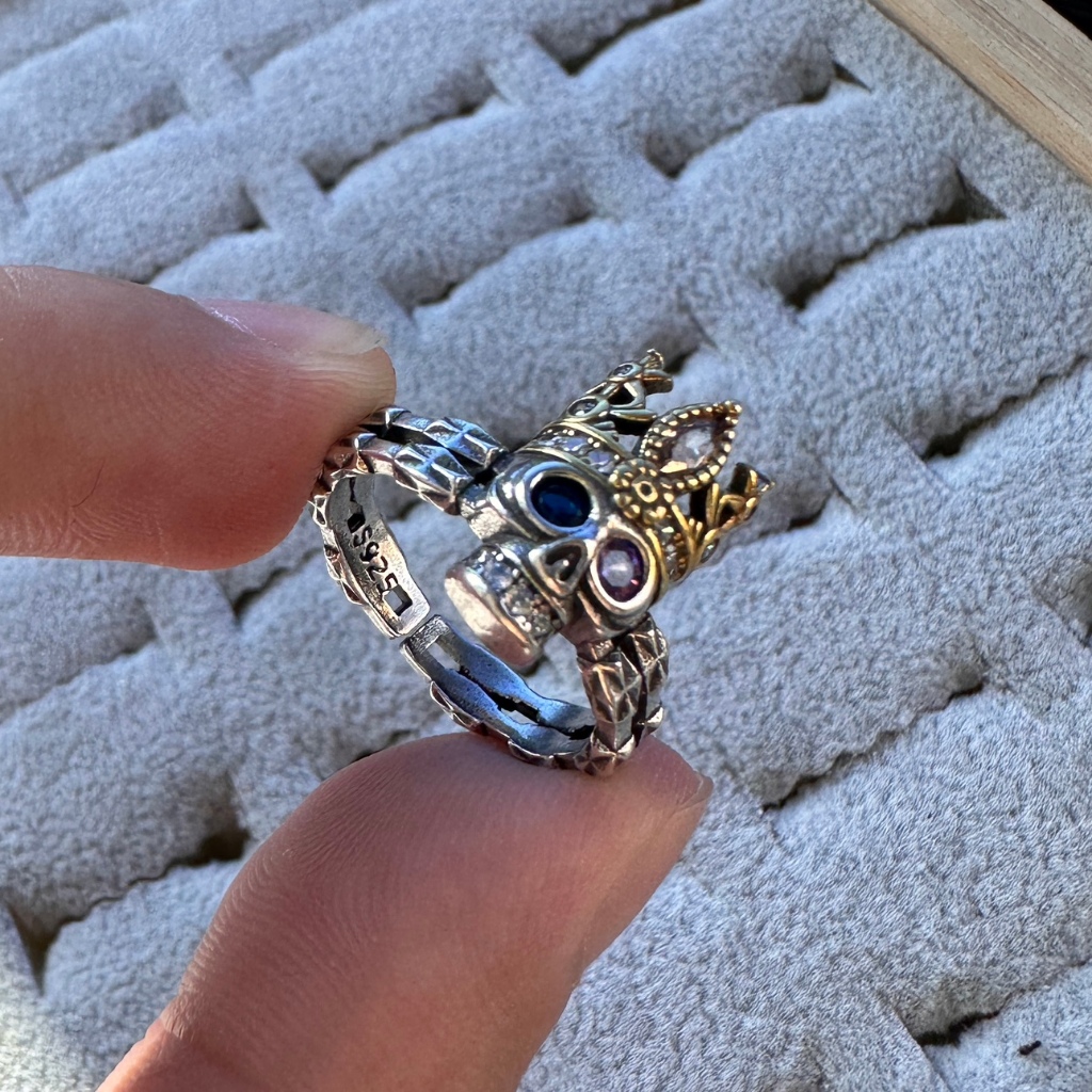 COD Murah Cincin Keren Pria Kelas Atas Cincin Terbuka Mewah Cincin Tengkorak Raja Zirkon Biru Ungu