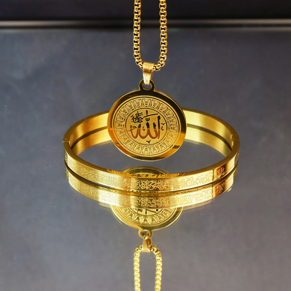 Salami Muslim- kalung Allah Quran Muslim Islam, diukir, terbuat dari baja tahan karat, dengan rantai