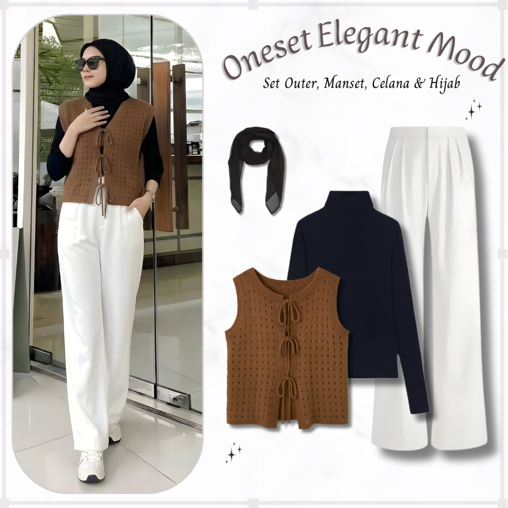Oneset Elegant Mood 4in1 | Set Outer Bronze +  Manset Hitam + Celana Broken White & Hijab | Outfit S