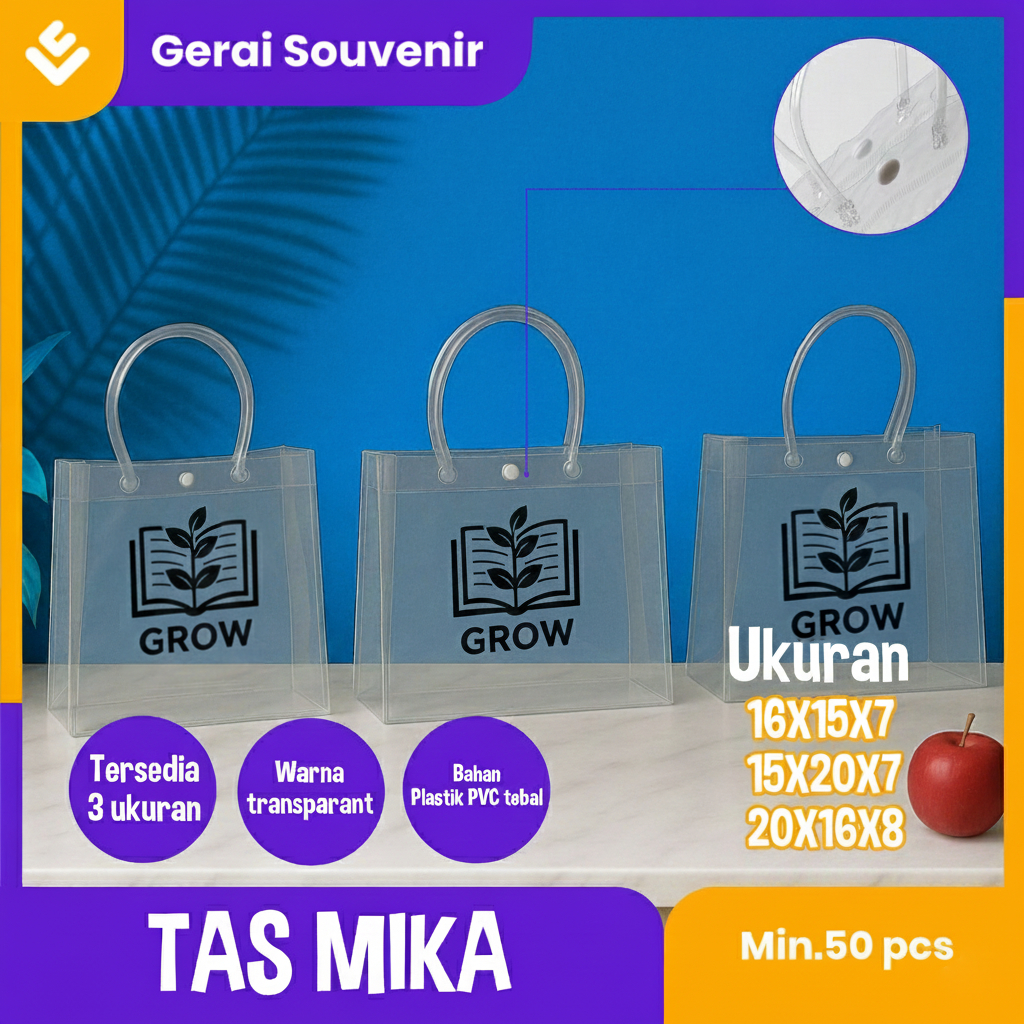 Totebag Transparant CUSTOM SABLON | Tas Mika PVC Transparan | Tas Mika Souvenir Ulang Tahun Bening