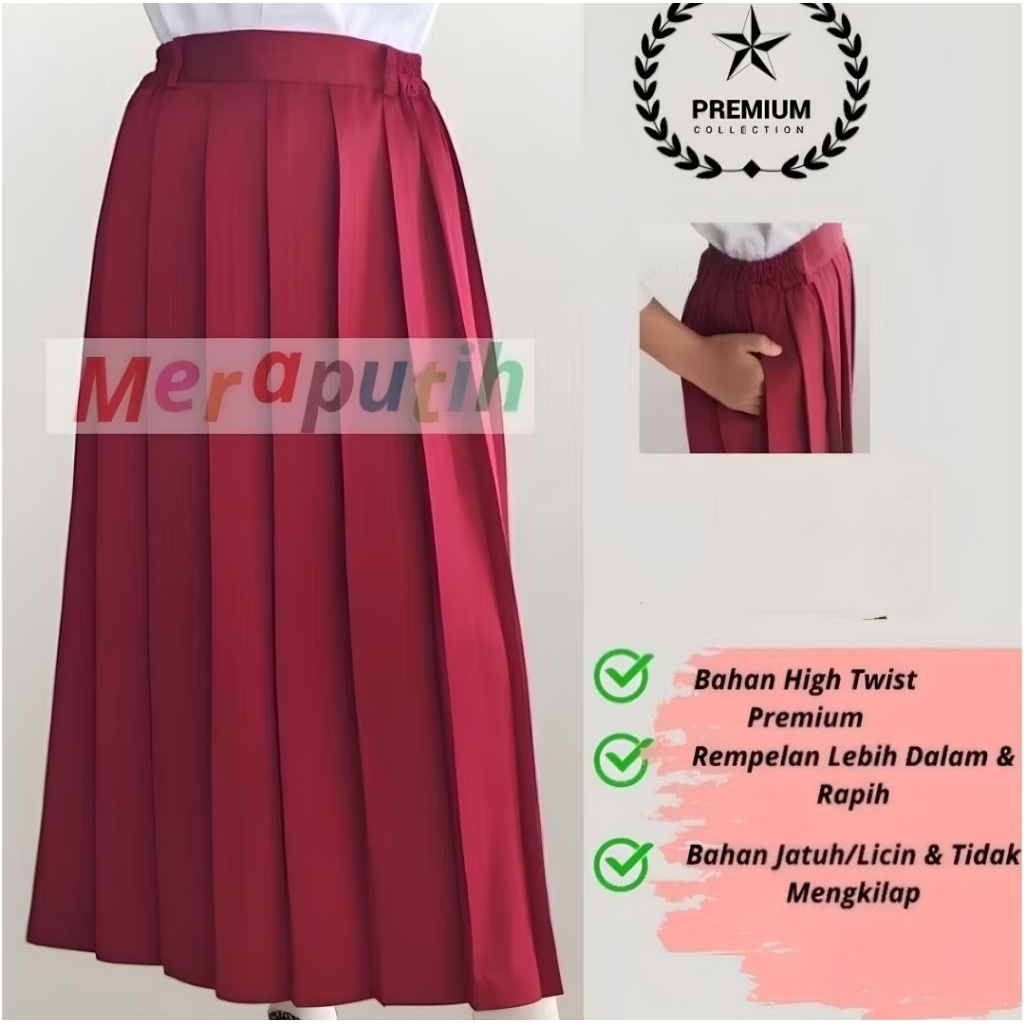 Seragam SD Merah Rok Panjang Rempel Lipit Bahan Licin/Jatuh