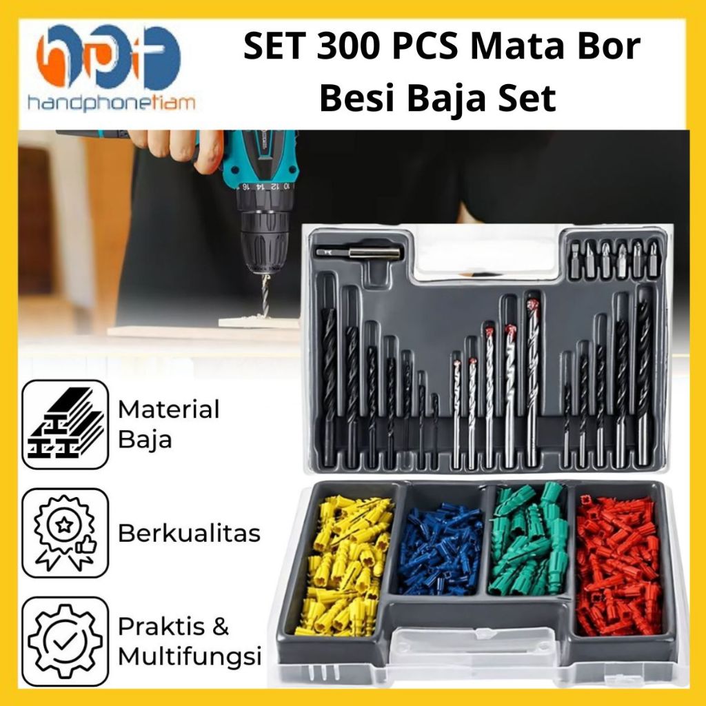 Set 300 Pcs Mata Bor Kombinasi untuk Kayu Beton Tembok Sekrup Baut Fisher