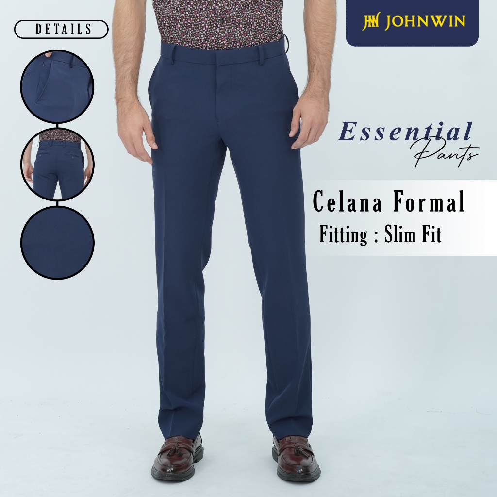 Johnwin - Celana Bahan Formal - Slim Fit - Polyester - Biru Navy - Essential Pants - F.1032.010.127.