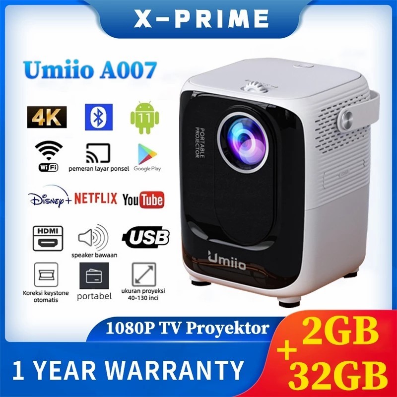 [COD] Ready Stock Umiio A007 U20 HDMI Proyektor Android TV 1080P Smart Projector 6000 Lumen Ram 3GB 