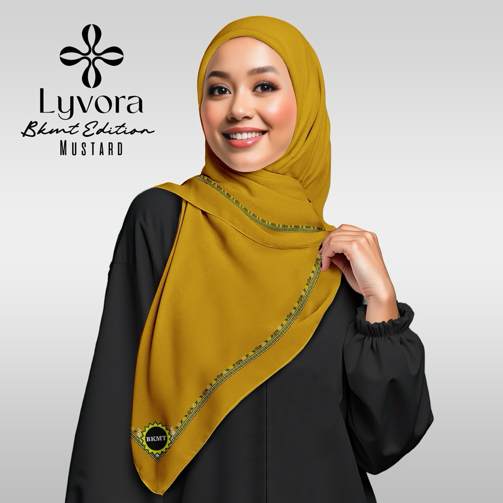 Jilbab BKMT - 002 Mustard - Hijab Voal Premium Lyvora – Segi Empat Adem, Laser Cut, Zipper Bag