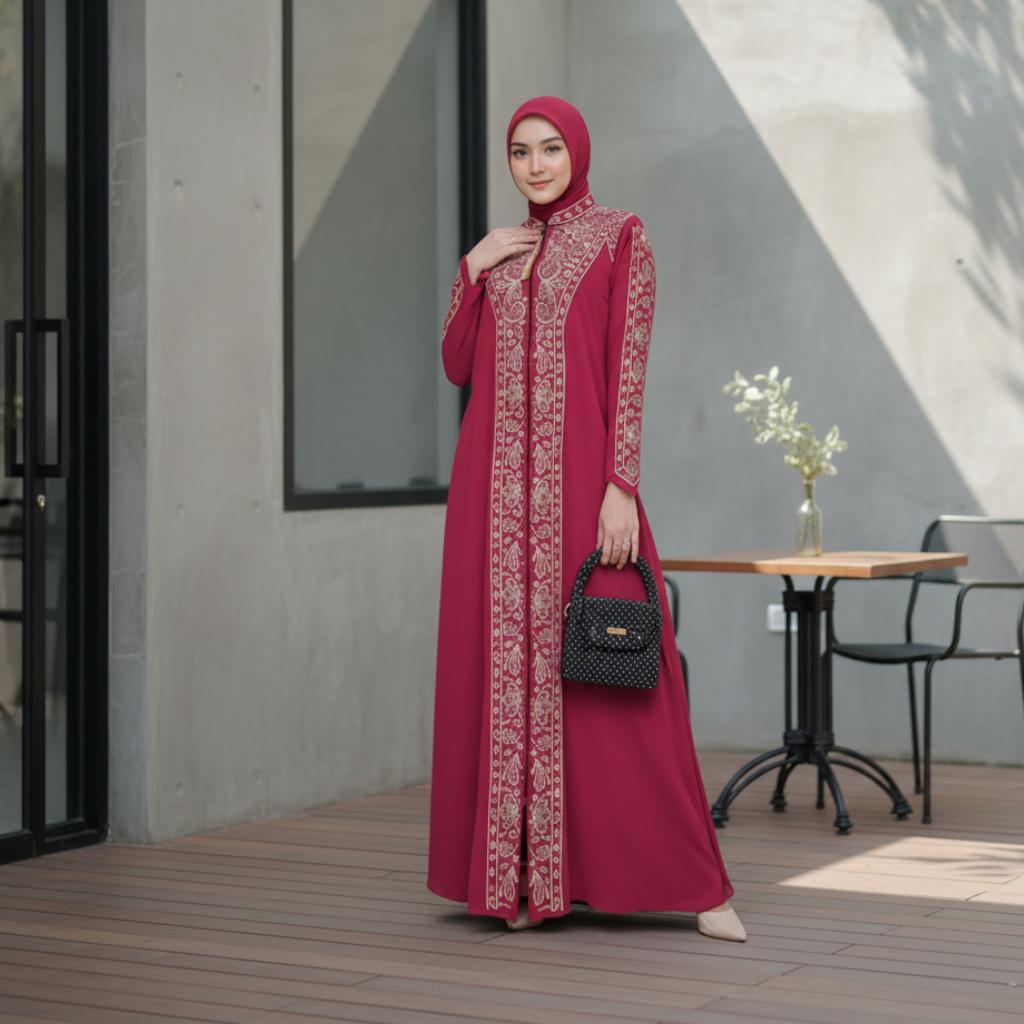 Gamis Set Hijab Shania Dress Abaya Wanita Ceruty Babydoll Motif Bordir Mix Payet Permata Elegan