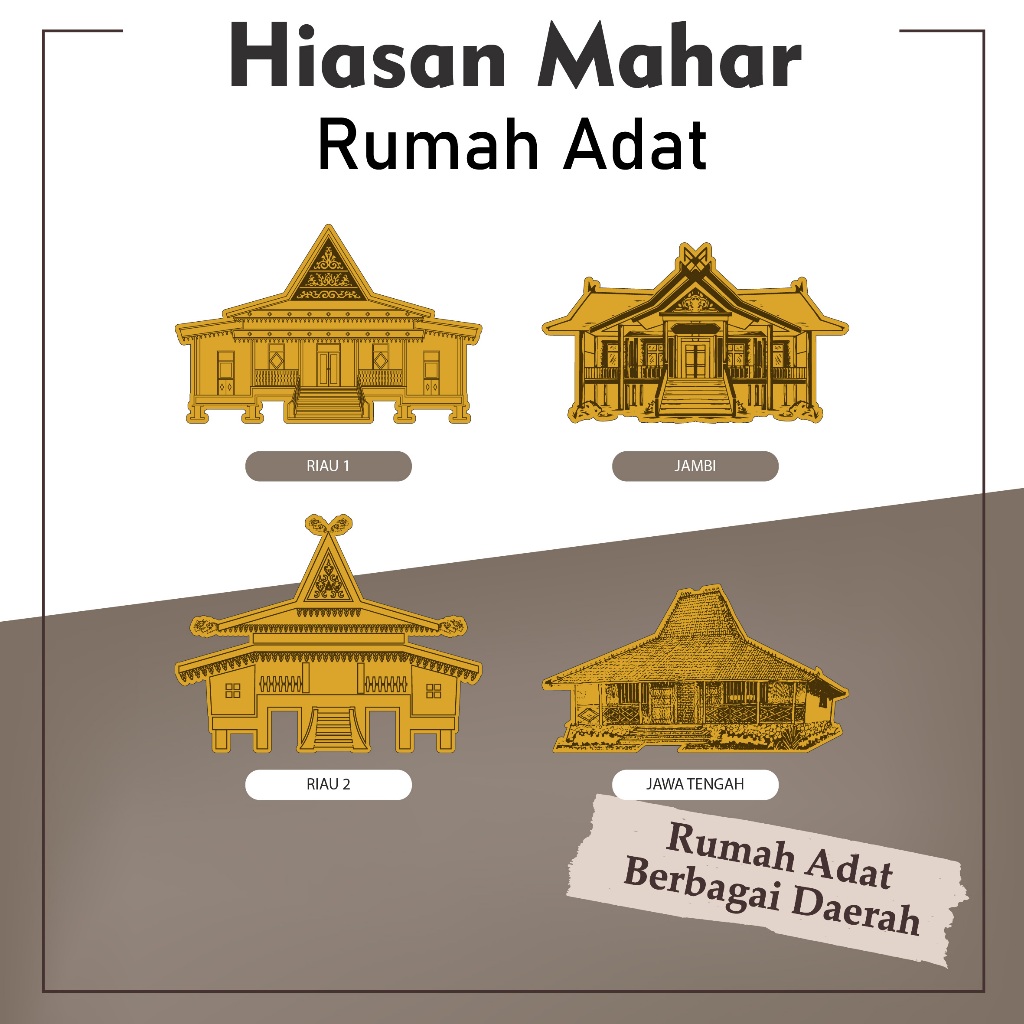 Hiasan Mahar Akrilik Mirror Gold Rumah Adat Melayu Riau Rumah Adat Jambi Joglo Jawa Tengah | Hiasan 