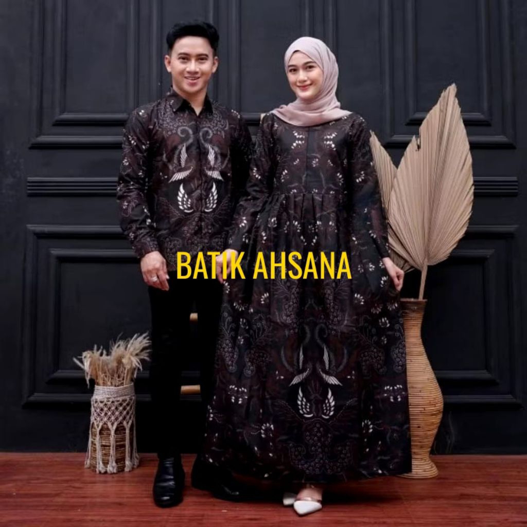 Batik Couple Modern Gamis Wanita Standart Jumbo & Kemeja Pria Polimikro Setelan Kondangan Murah