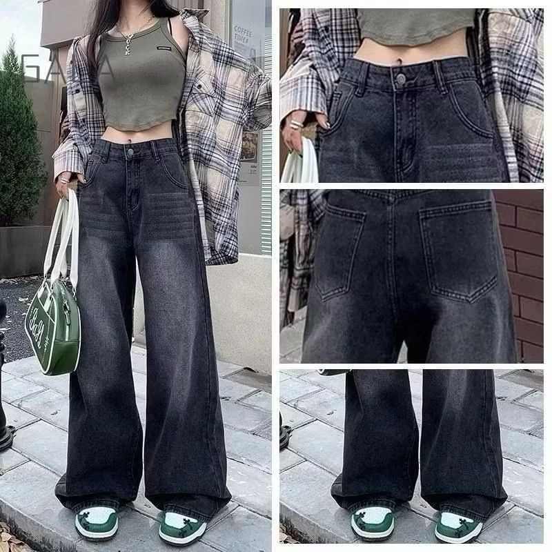 Celana jeans wanita baggy pants korean style oversize loose blue jeans straight kulot boyfriend jean