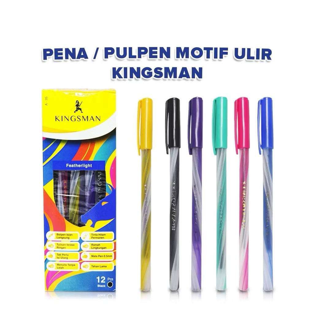 12 Pulpen Bolpoint Kingsman A35 - Tinta Hitam, Ekspor, Warna Warni