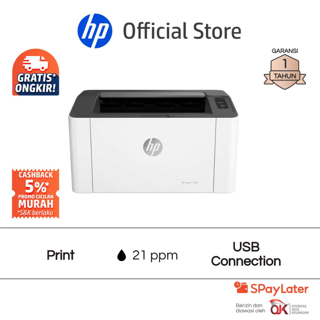 Printer HP Laser 108a / 108w Print Only Wireless Wifi USB Black Hitam Garansi 1 Tahun Promo Murah Gr