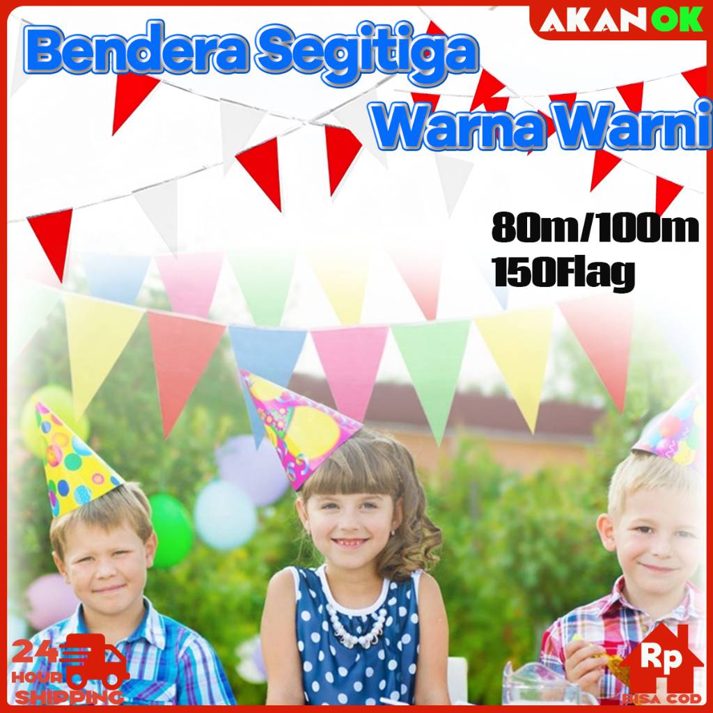 150Pcs Bendera Segitiga Warna Warni / Merah Putih | Polyester Tebal Double-Sided | Ukuran 14x23cm (M