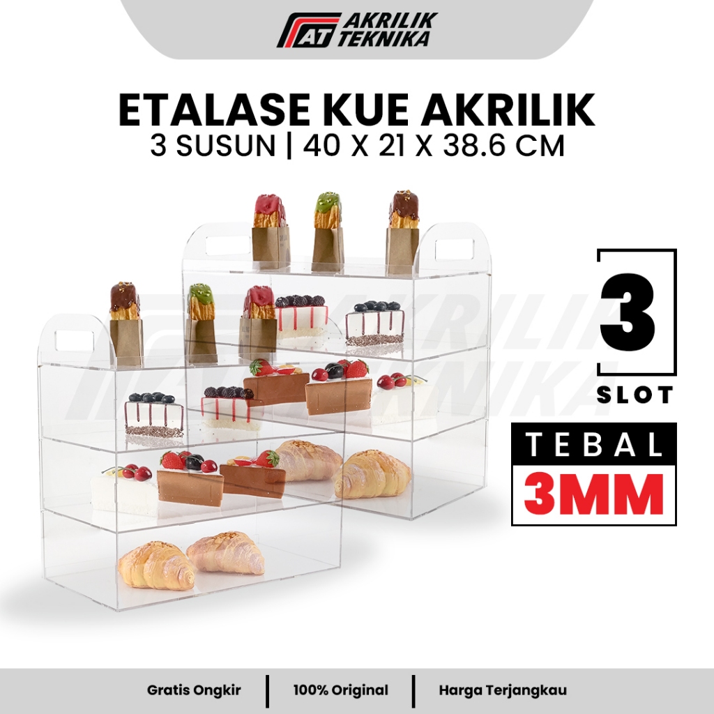Etalase Kue Akrilik | Rak Display Roti Bakery Tebal 3mm 3 Susun Uk 40x21x38,6 cm