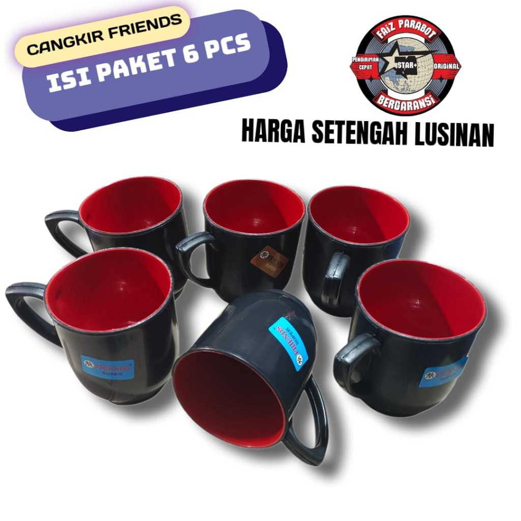 ( isi 6 pcs) SETENGAH LUSINAN Cangkir Kopi Hitam / Cangkir Gelas Plastik / CANGKIR FRIENDS 004