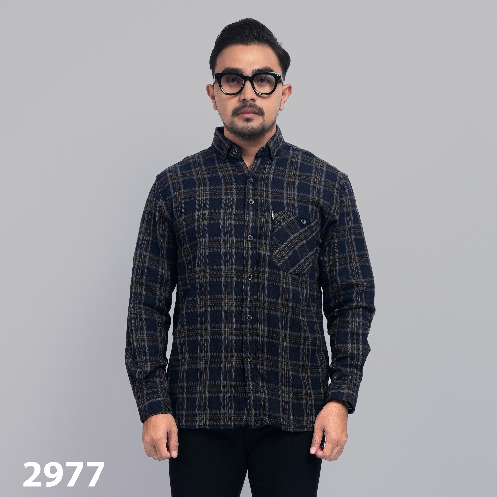 PAKAJI Kemeja Flanel Pria Lengan Panjang Navy Kotak Abu Garis Kuning Kemeja Pria Flanel Pria Kemeja 