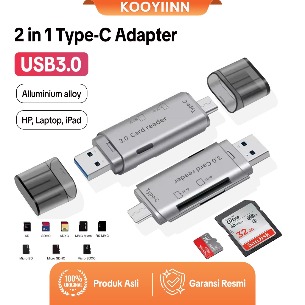 KOOYIINN 4in1 Card Reader High-Speed Smart USB 3.0 Metal Type-C/SD Card/TF Memory OTG Adapter - DS02