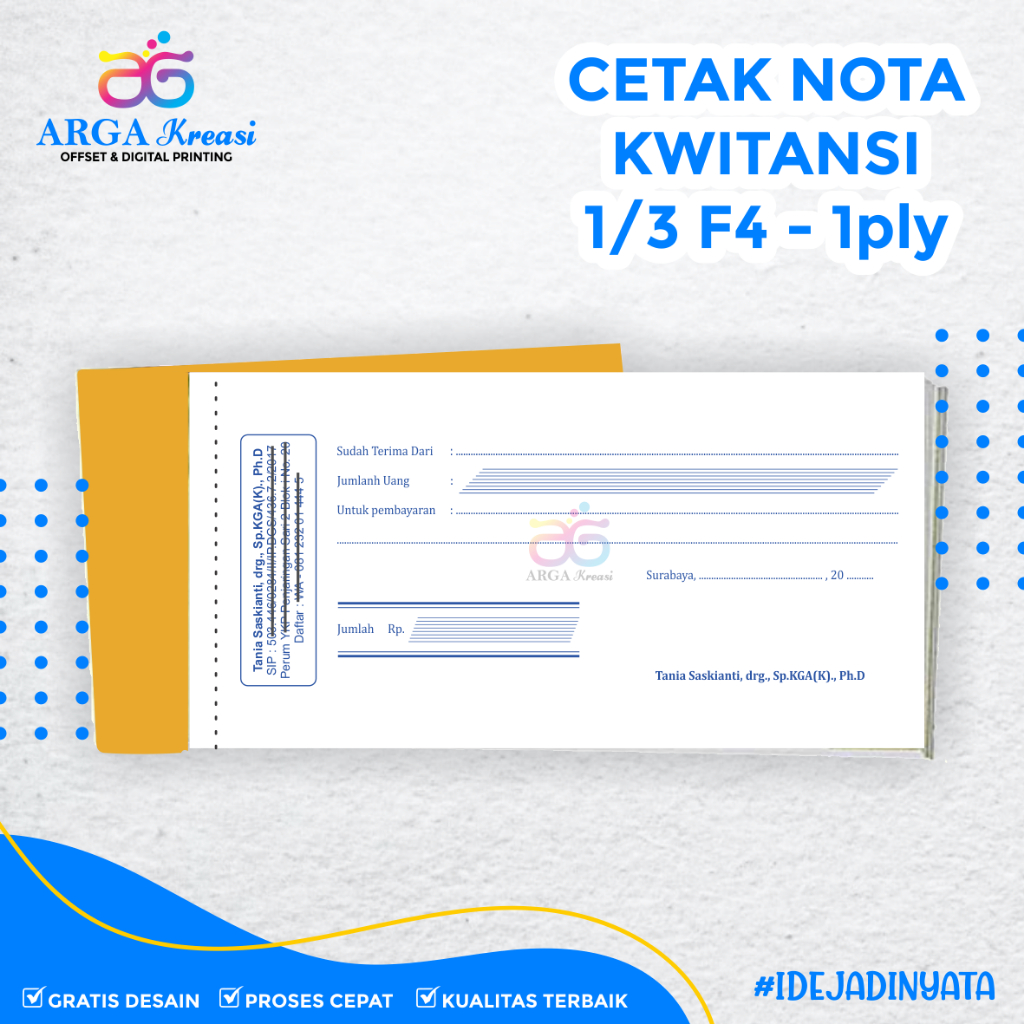 Cetak Kwitansi Custom 1/3 F4 1 Ply HVS (21x10,5cm) - Nota Resep Dokter & Tiket - Desain Gratis