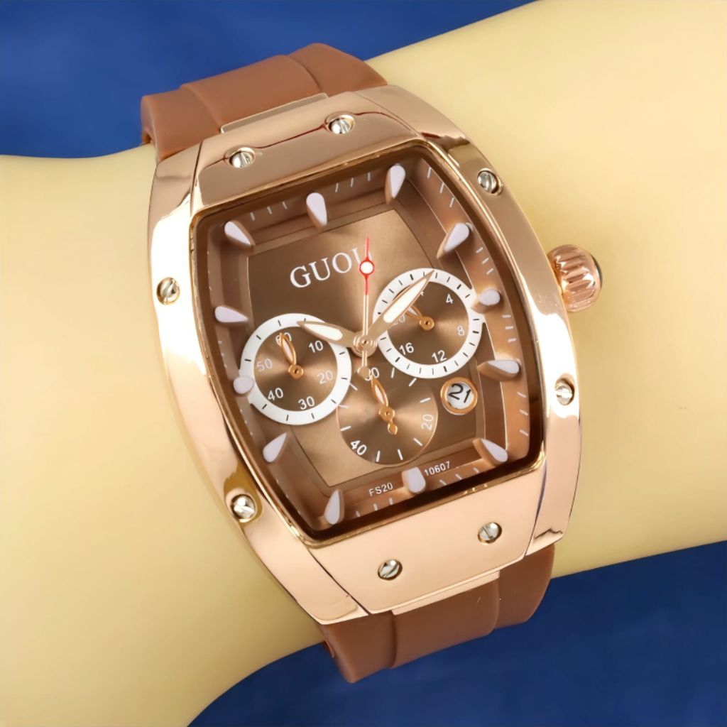 Jam Tangan Pria GUOU Luxury Chronograph Rose Gold Edition - Desain Tonneau Sporty dengan Strap Rubbe