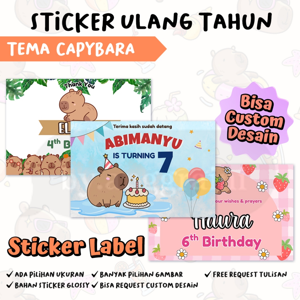 Sticker Ulang Tahun Tema Capybara - Stiker Label Kotak Nasi Bento - Ultah Anak