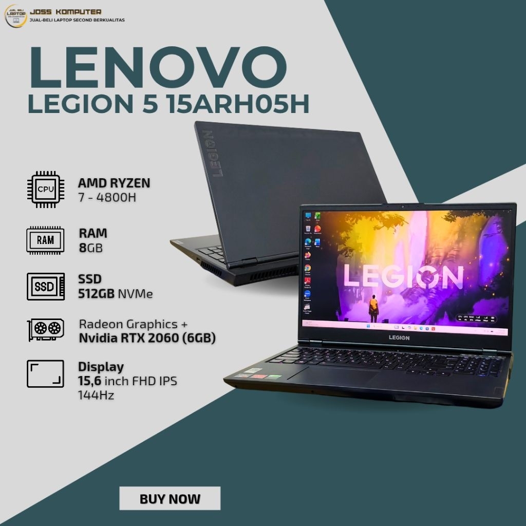 LENOVO LEGION 5 15ARH05H AMD RYZEN 7 4800H/ RAM 8GB/ SSD 512GB/ 15,6" FHD/ RTX 2060 (6GB)