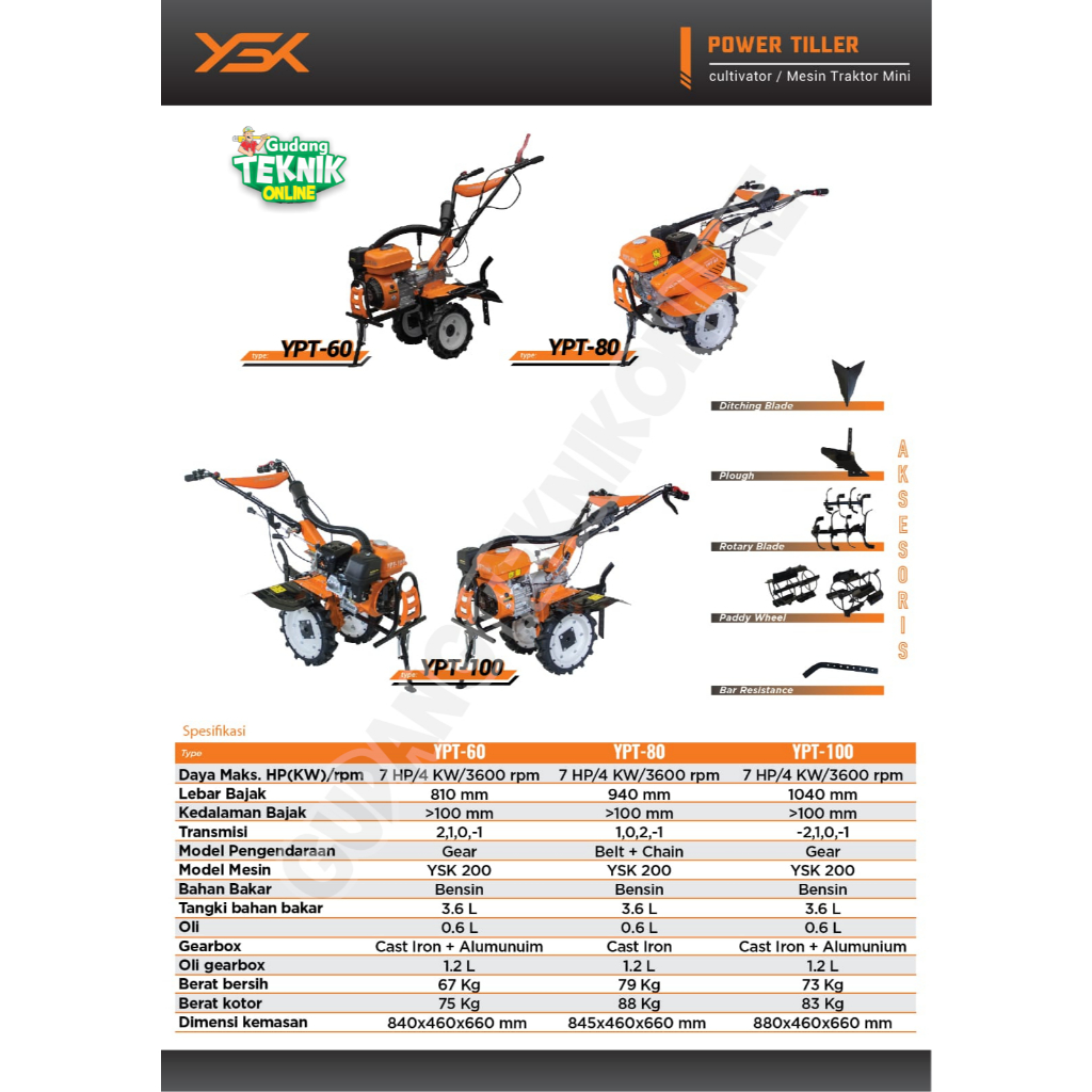 Mesin Traktor Mini Cultivator YASUKA YPT100 / Mesin Bajak Sawah Basah Kering Tiller Cultivator Pemba