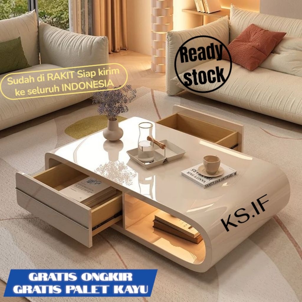 Meja Tamu Lapisan HPL dengan Lampu LED, Meja Tamu, Meja Tamu Mewah Premium Interior Furniture, Meja 