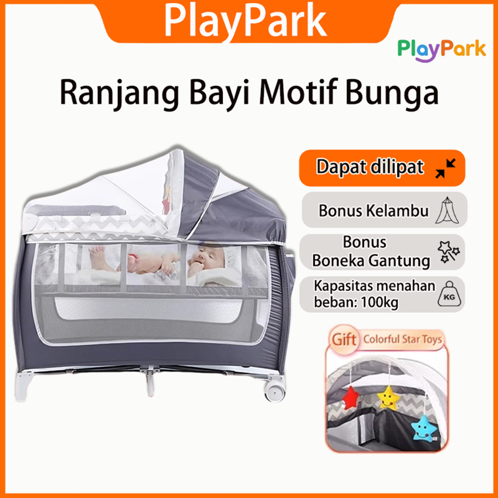 PlayPark Box Bayi Tempat Tidur Bayi 6in1 Bisa Dilipat, Portabel dengan Roda + Bonus Kelambu & Hadiah