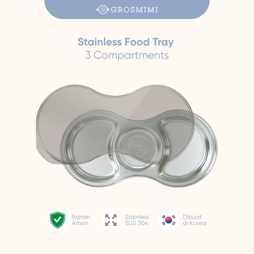 GROSMIMI STAINLESS FOOD TRAY 3 COMPARTMENT (include cover)/Wadah Makanan Stainless Steel Berbentuk T