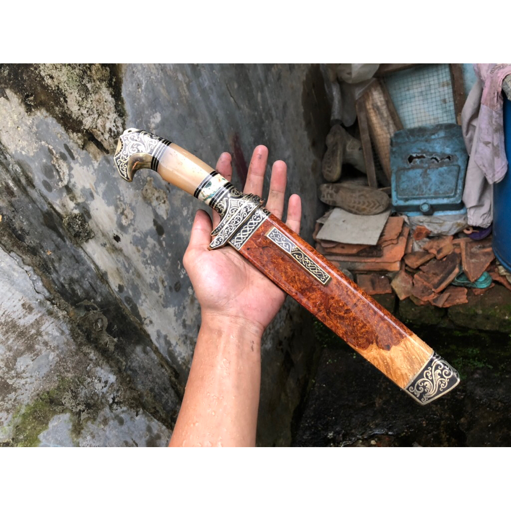 Pisau Sembelih Baja ELMAX 23cm 59 HRC Tajam - Sarung Kayu BURL, Gagang Tanduk, Fulltan di Pin