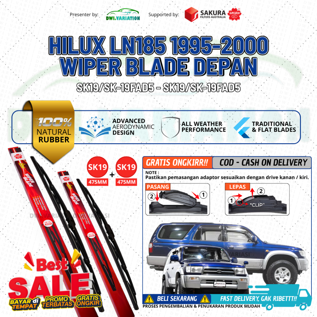 WIPER BLADE TOYOTA HILUX 1995-2000 SAKURA KANAN KIRI SK-19 SK-19
