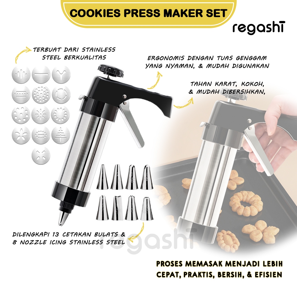 Regashi Cookies Press Maker | Cetakan Kue Kering Serbaguna | Stainless Steel Pencetak Kue Dekorasi F