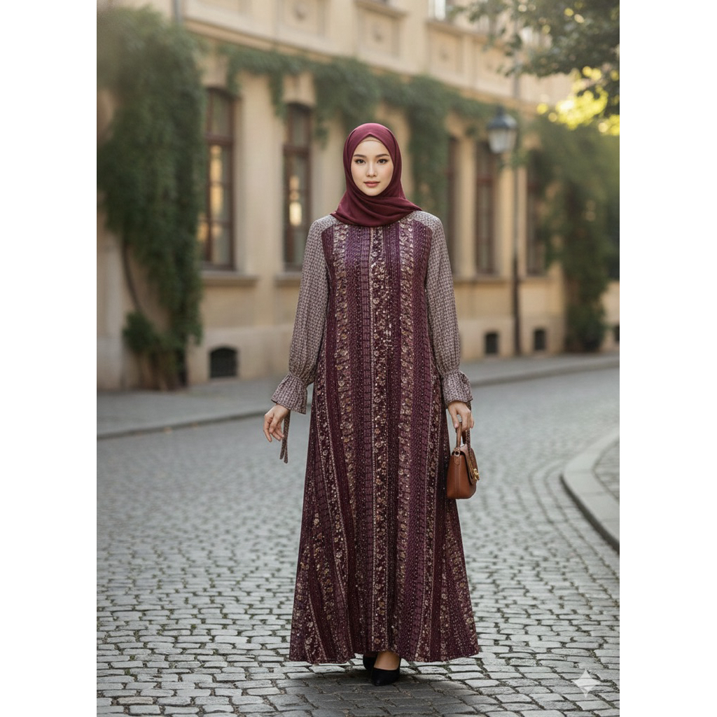 Syifa Yasmin-Ellena Dress Gamis Wanita Rayon Motif Mix Rayon Jaguard Lembut Adem Nyaman Daily Bumil 