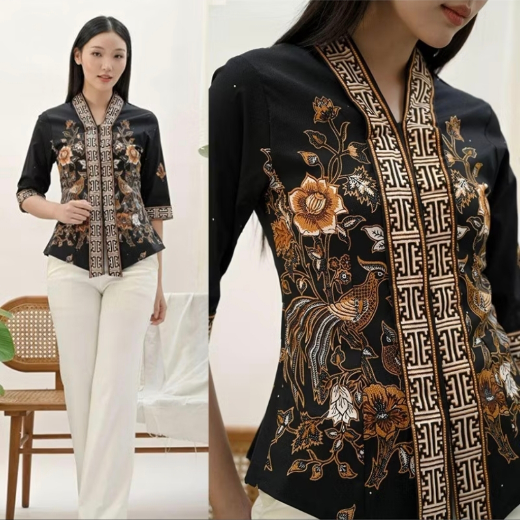 Baju Atasan Blouse Batik Wanita Lengan 7/8 Model Kutubaru Blus Tradisional Kekinian Kebaya Modern Ke