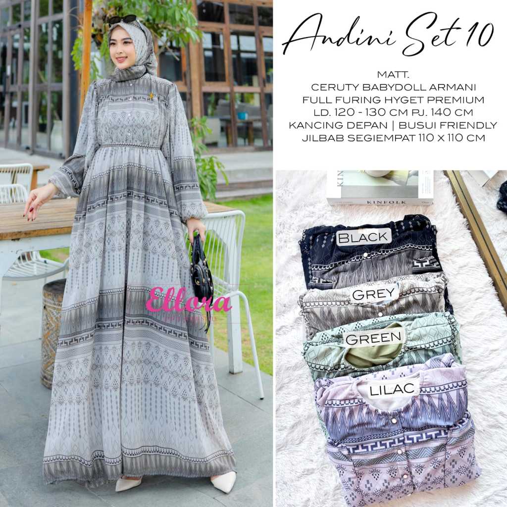 Andini Set 10 Gamis Dress Maxi Jumbo Original Ellora Ceruty Babydoll Armani Full Furing Hyget Premiu
