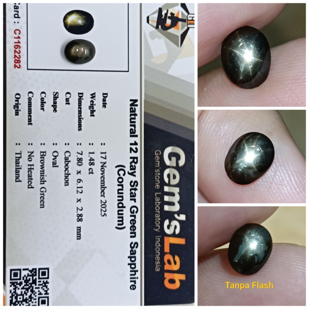 Natural Star Black Sapphire Thailand 1,48ct bagus plus memo GLI