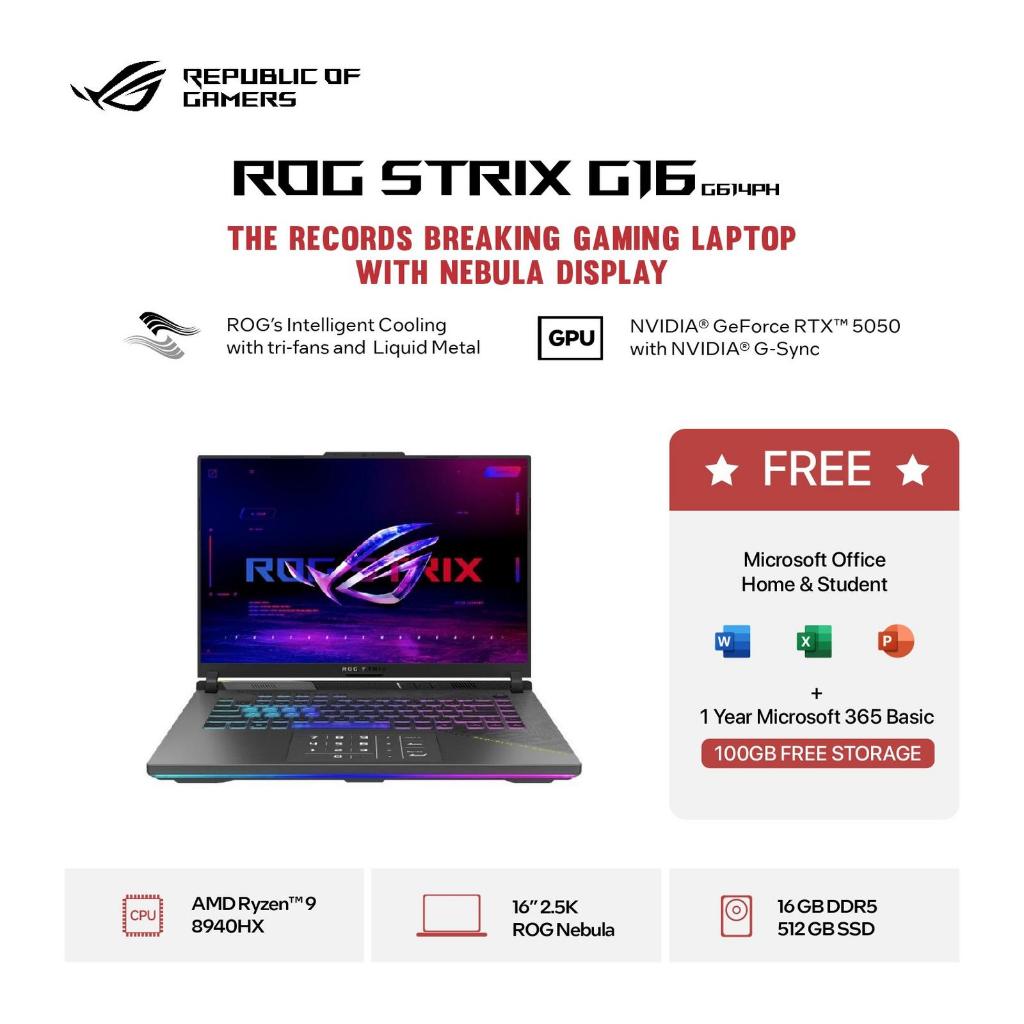 LAPTOP ASUS ROG STRIX G16 G614PM G614PH RYZEN 9 8940HX RTX5060 RTX5050 16GB 1TB W11+OHS GAMER CODING