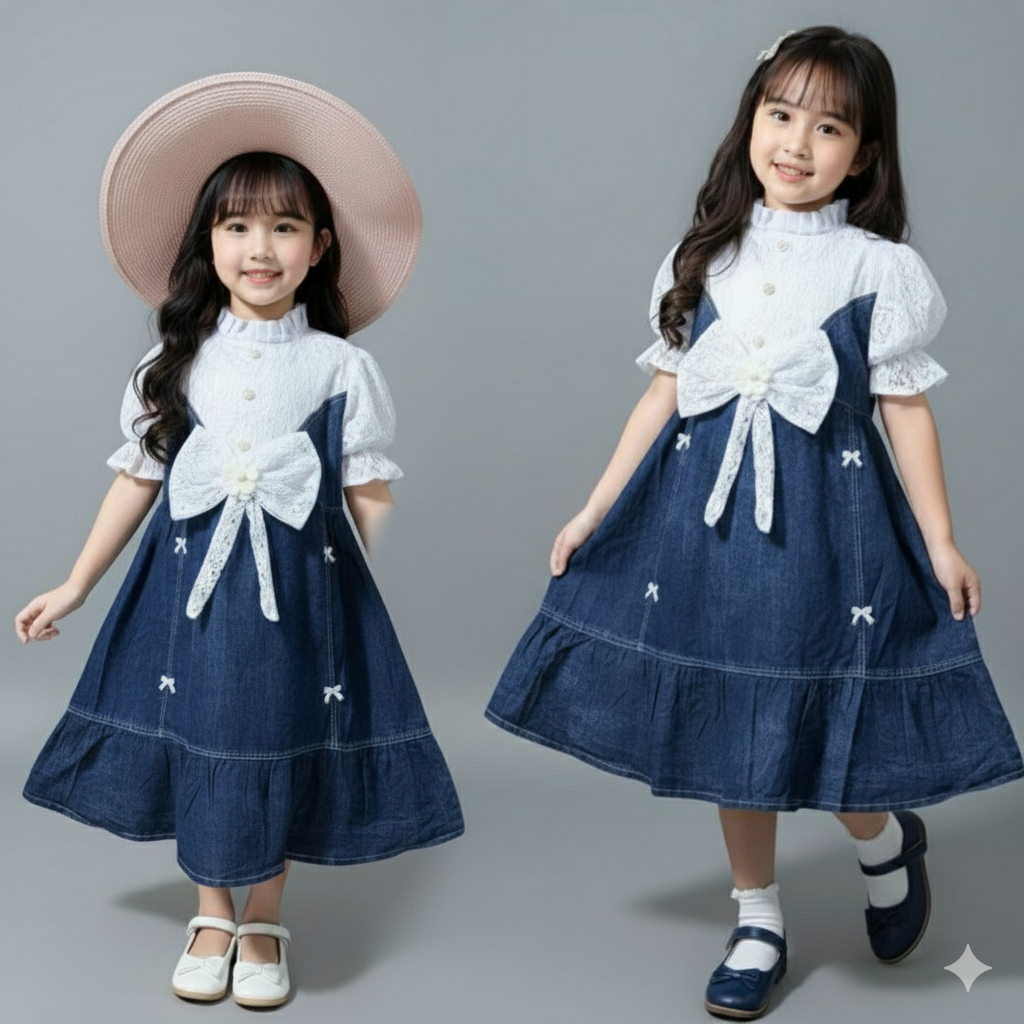 Dress Jeans Anak Perempuan Lengan Balon Mewah Impor 3-10 Tahun.
