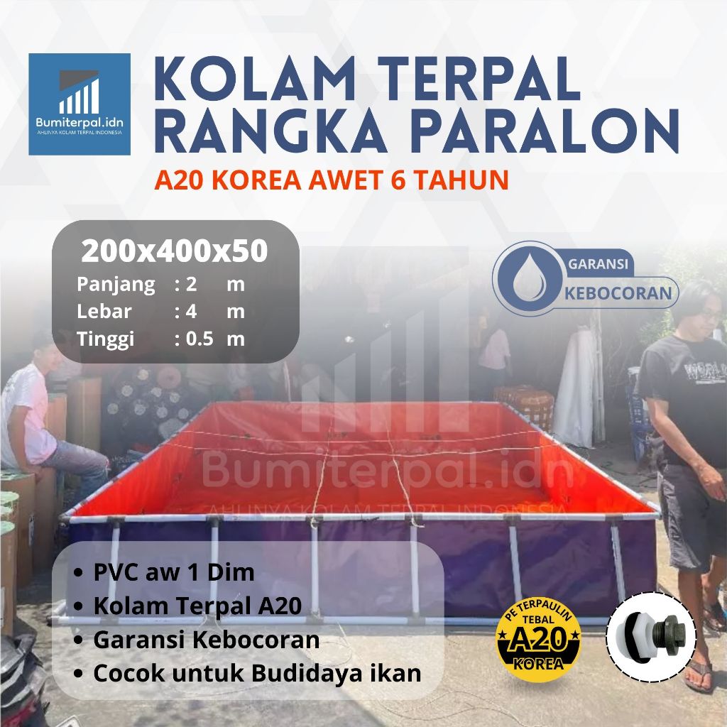 Kolam Terpal Ikan Fullset Rangka Pralon Ukuran 200x400x50 / 2x4x0,5 Rangka Pralon Ukuran 1inci