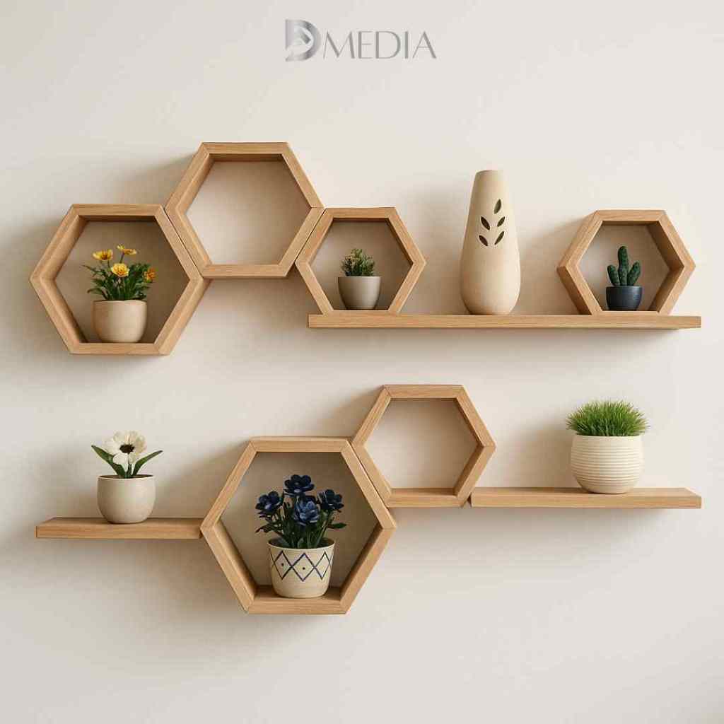 Hiasan Dinding Hexagonal, Rak Aesthetic Rak Kayu Gantung Minimalis Dekorasi Kamar Ruang Tamu Segi 6 