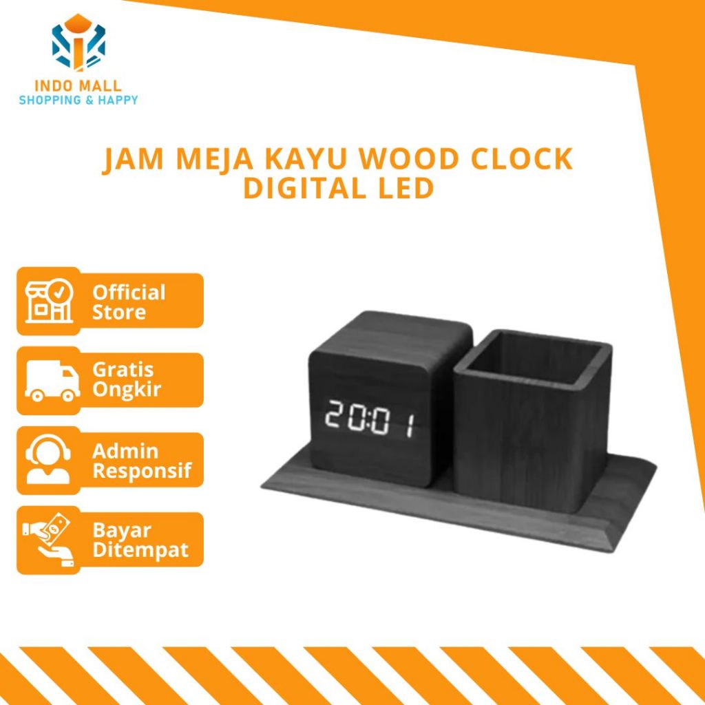 Jam Meja Kayu Wood Clock Digital LED with Pen Holder Tempat Pensil