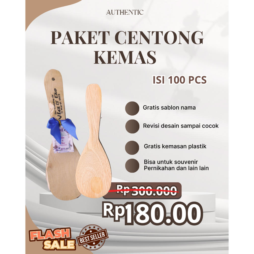 ISIN100 PCS Sovenir Pernikahan Centong Nasi Kayu Kemas  Plastik Cetak Nama Murah Unik