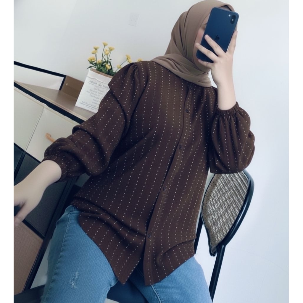 blouse kemeja rayon motif salur wanita lengan panjang(ld110)