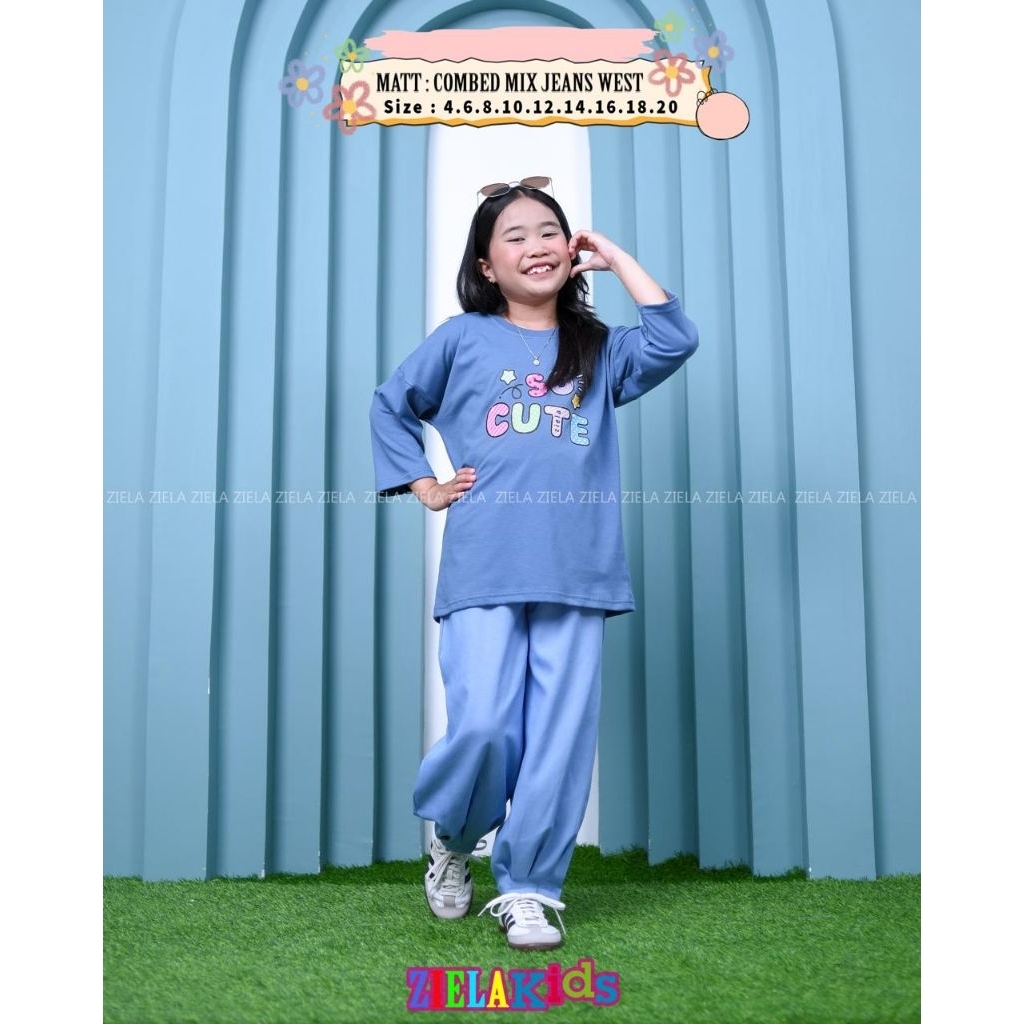 SETELAN ANAK PEREMPUAN TERBARU/SETELAN ANAK PEREMPUAN JEANS WEST/SETELAN KAOS COMBED 20S ORI ZIELA
