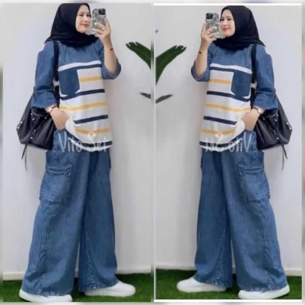 Vitto Set XL XXL setelan jeans wanita celana kulot cargo