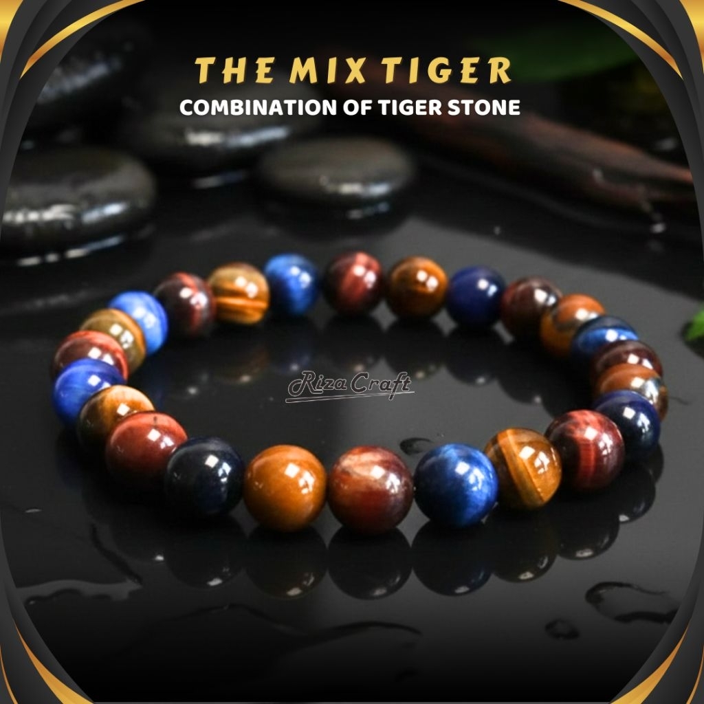 Gelang Gabungan 3 Batu Alam Tiger Eye Merah Kuning Biru Red Blue Tiger Eyes ASLI untuk Pria Wanita b