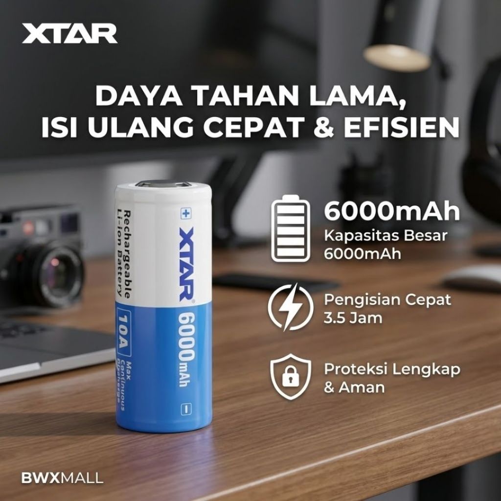 Baterai Cas 26650 XTAR 6000mAh 10A Original Lithium Ion 3.6V Rechargeable Battery XT-60 Solusi Daya 